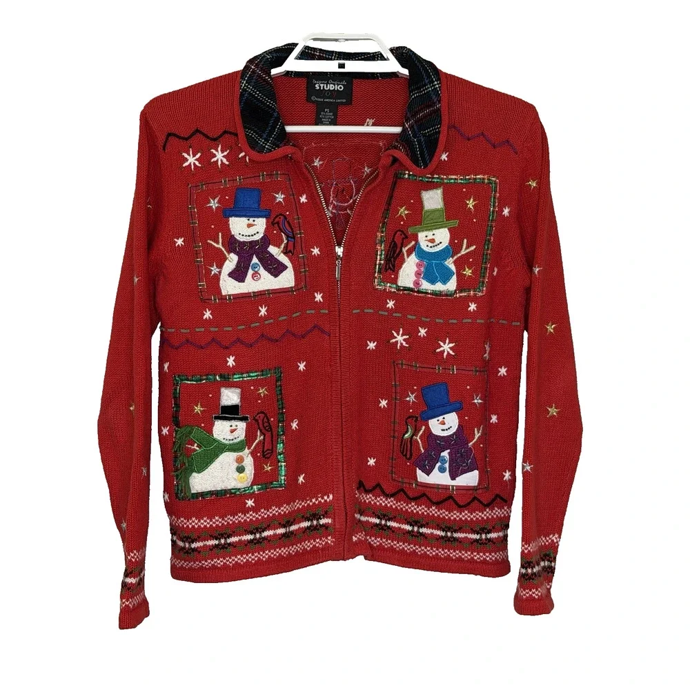 Designers‎ Originals Studio Joy Christmas Sweater Cardigan Sz PS Red Snowman Zip